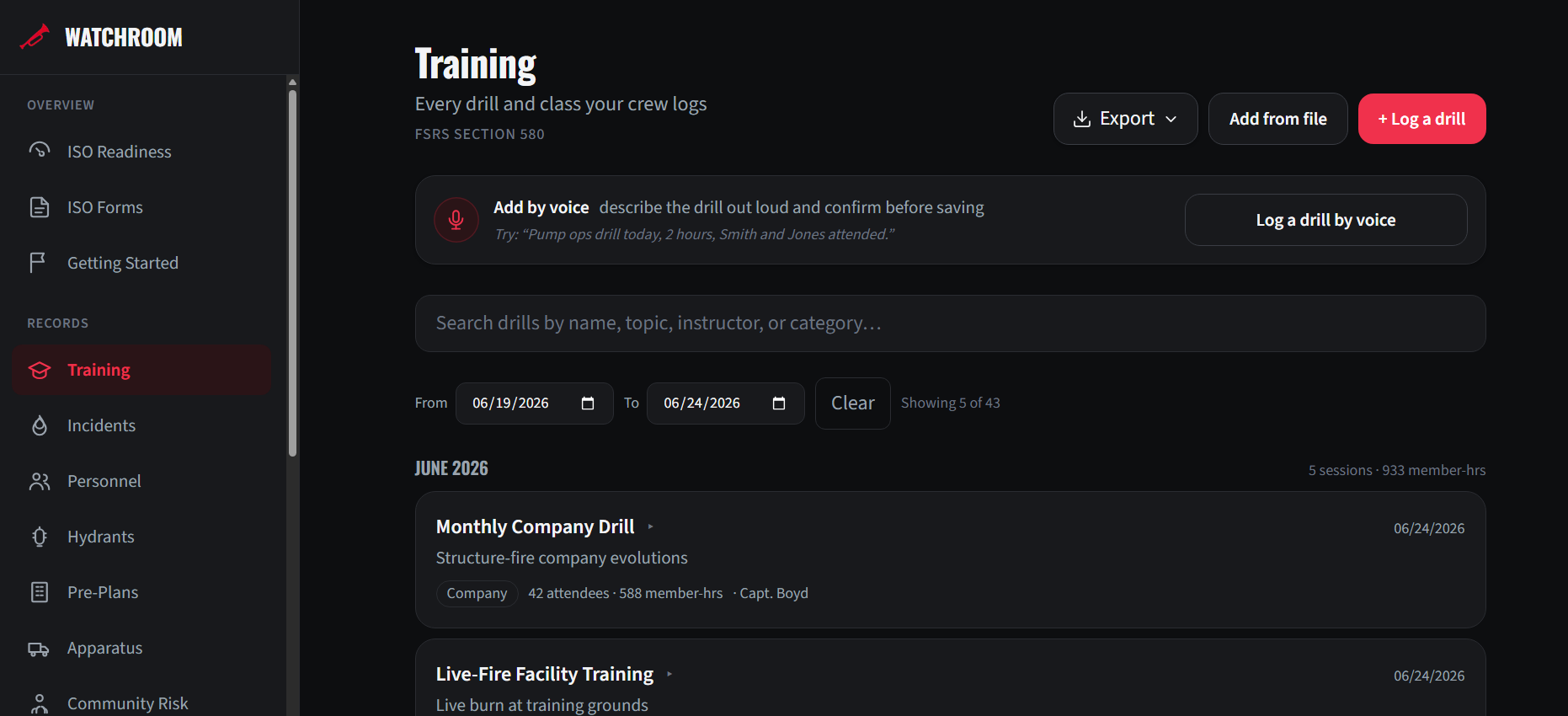 WatchRoom training log